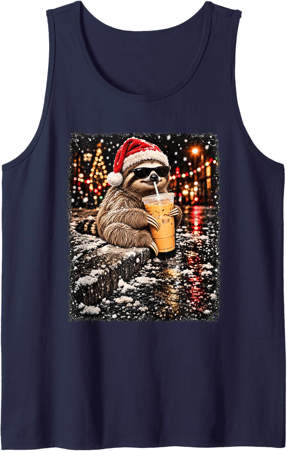 Funny Sloth Drinking Iced Coffee Christmas Animal Meme Sleeveless Tank Top - Navy Blue