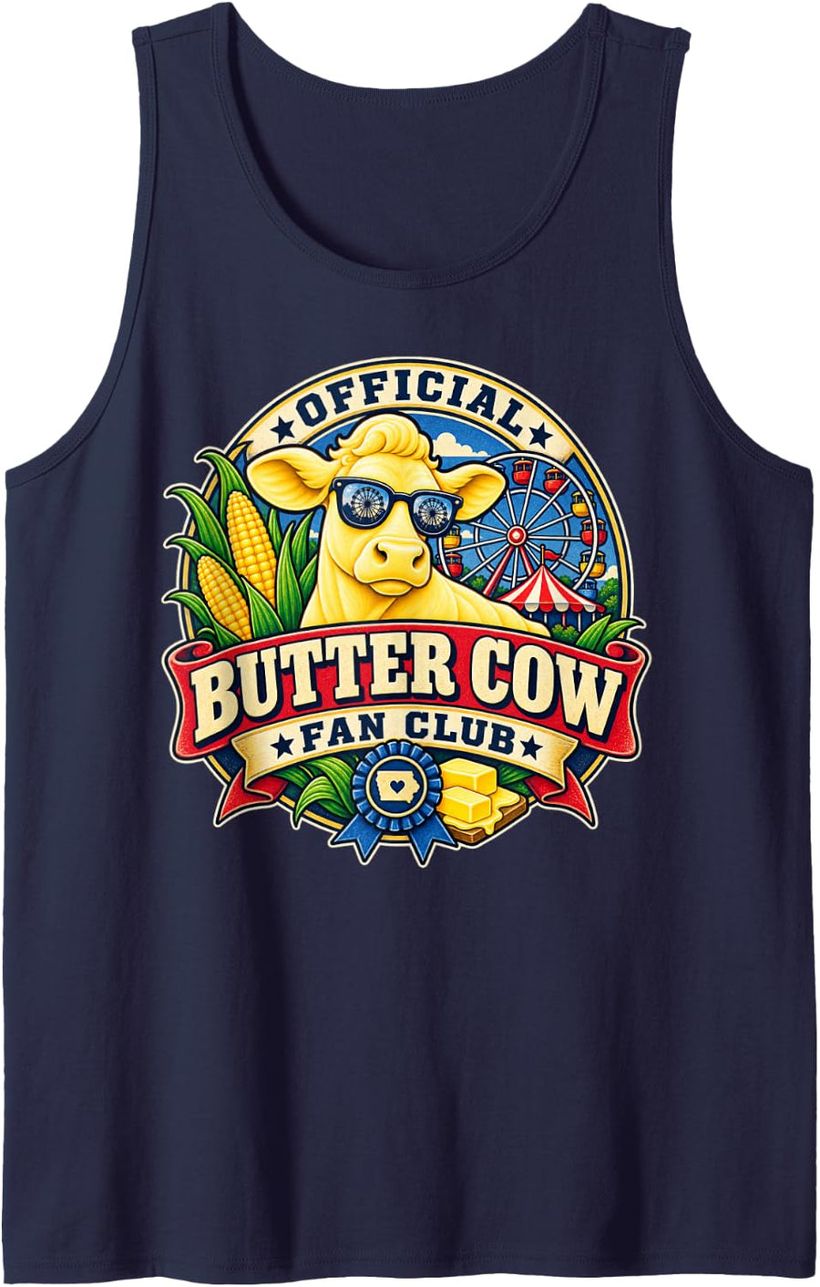 Official Butter Cow Fan Club State Fair Iowa Tradition Sleeveless Tank Top - Navy Blue
