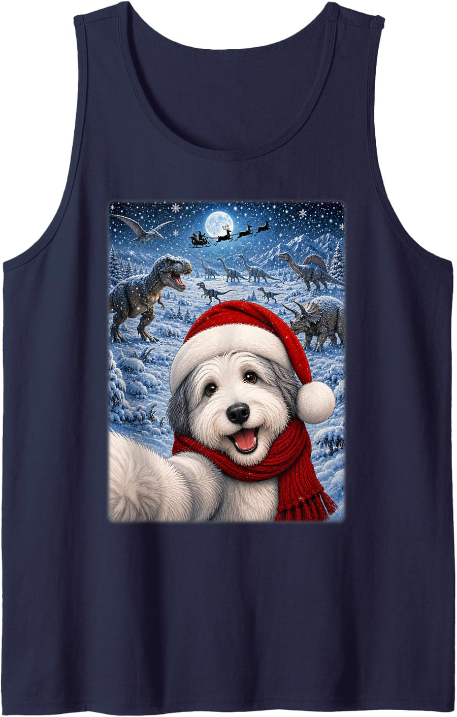 English Sheepdog Christmas Moon Night Starry Dinosaurs Xmas Tank Top - Navy Blue