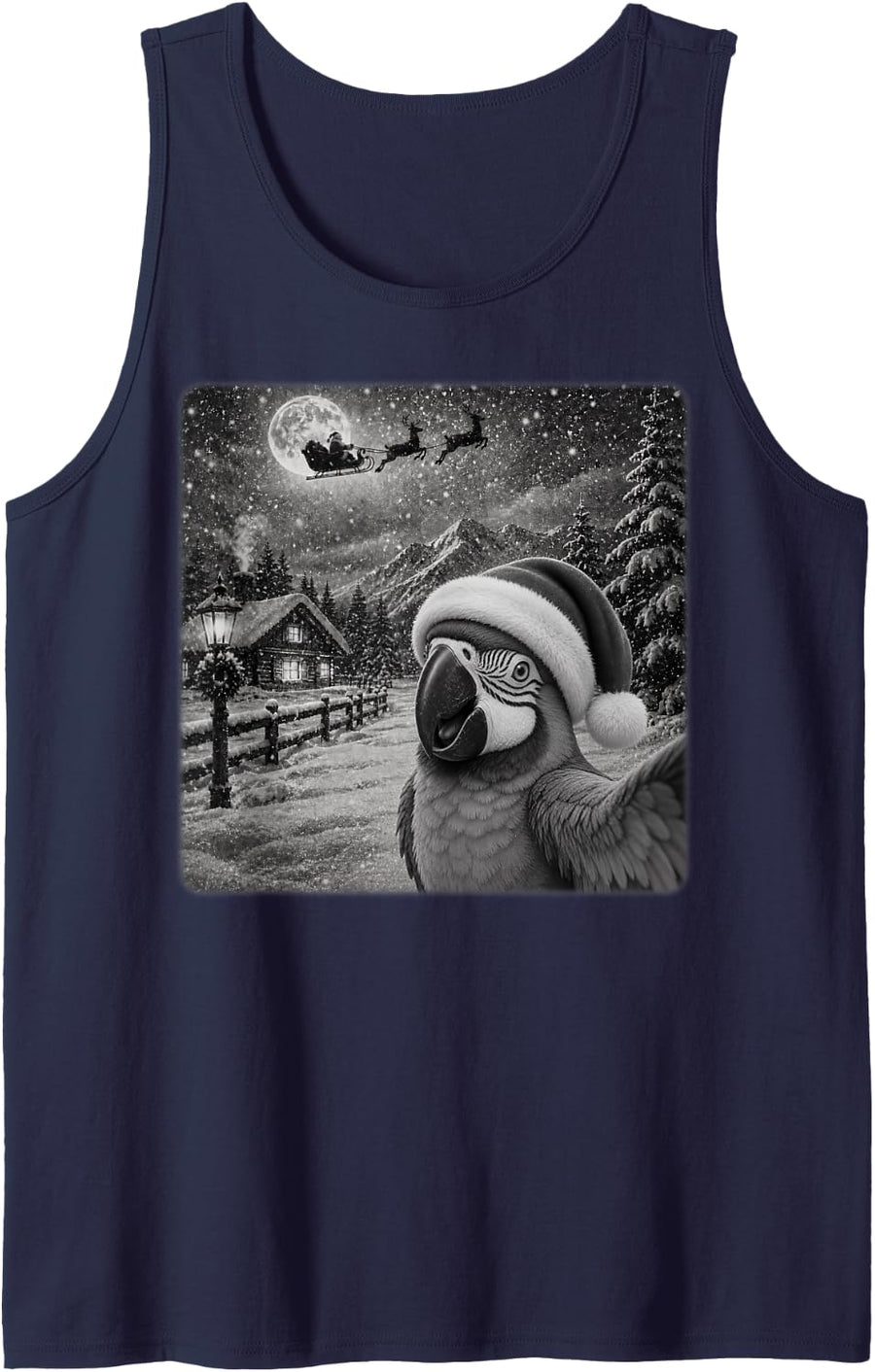 Xmas Moon Night Starry Santa Sleigh Parrot Macaw Christmas Sleeveless Tank Top - Navy Blue