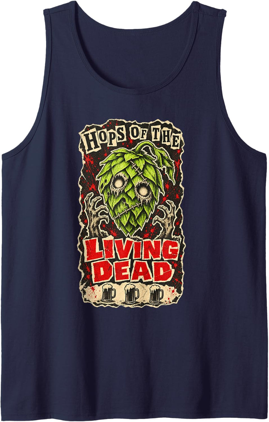 Hops of The Living Dead Funny Halloween Craft Beer Drinking Sleeveless Tank Top - Navy Blue