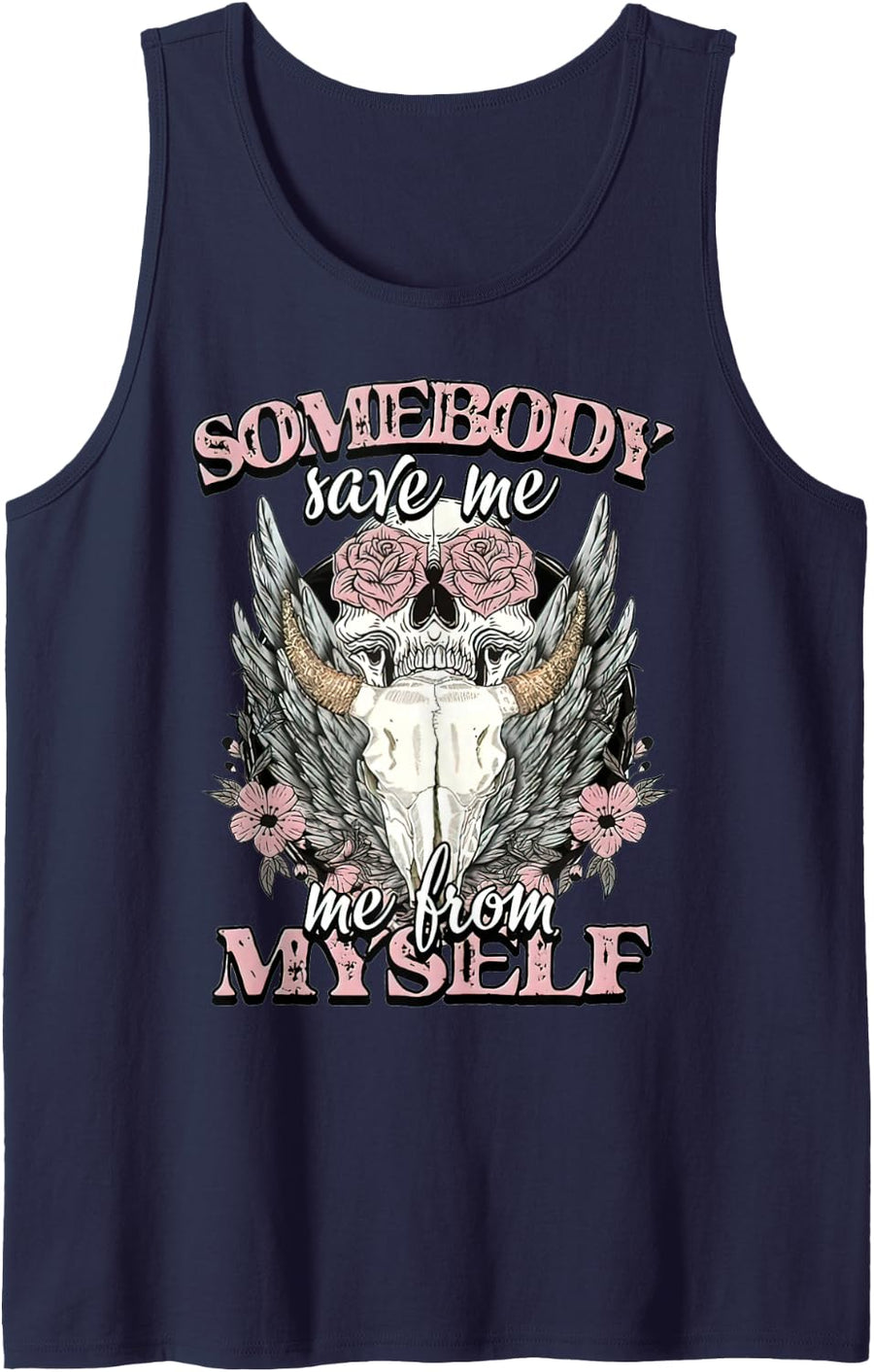 Somebody Saves Me Bull Skull Flower Western Country Tank Top - Navy Blue