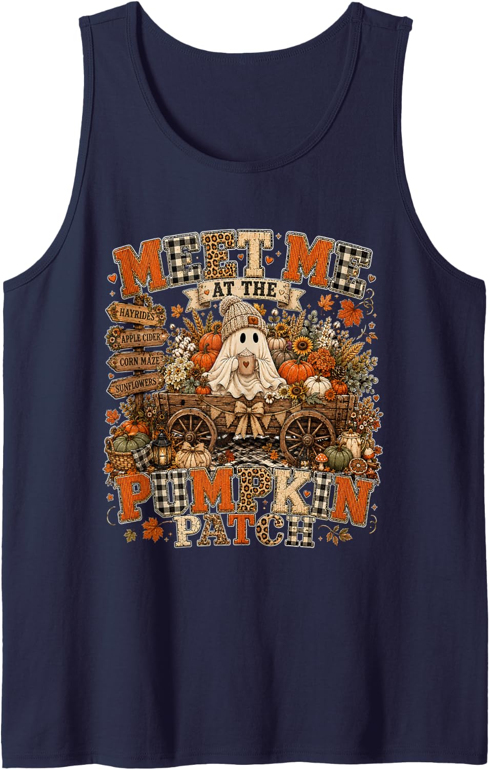 Cute Fall Ghost Meet Me at the Pumpkin Patch Halloween Tank Top - Navy Blue