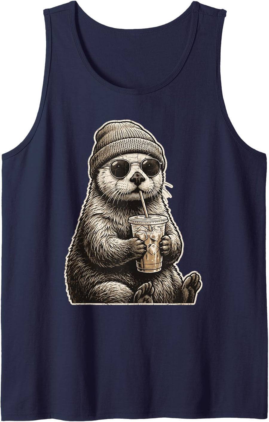Otter Iced Coffee Beanie Sunglasses Vintage Art Sleeveless Tank Top - Navy Blue