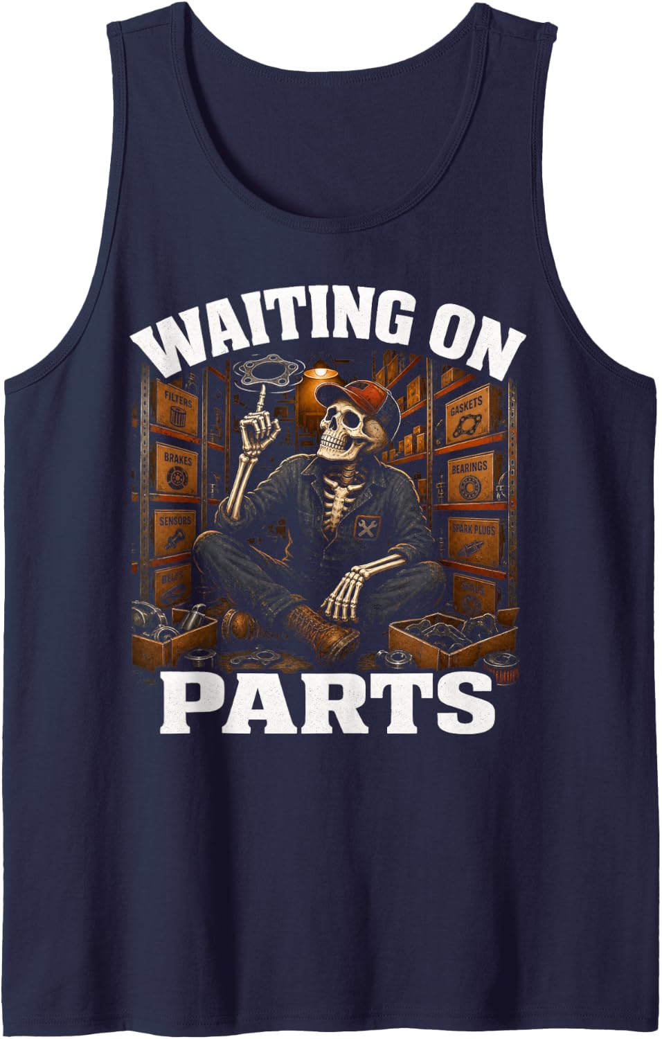 Waiting On Parts Mechanic Skeleton Auto Repair Life Tank Top - Navy Blue