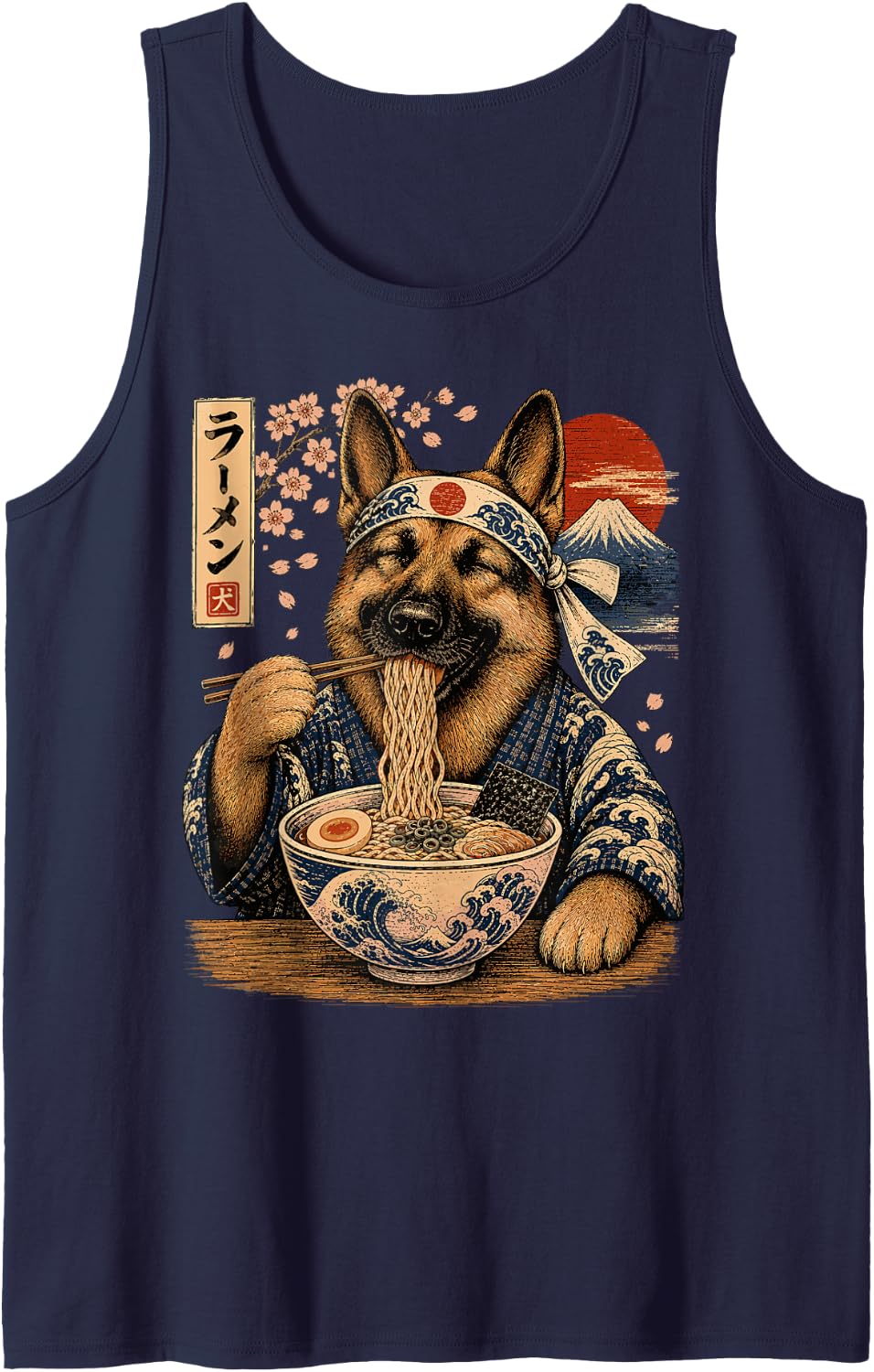 German Shepherd Dog Eating Ramen Japanese Shepherd Sleeveless Tank Top - Navy Blue