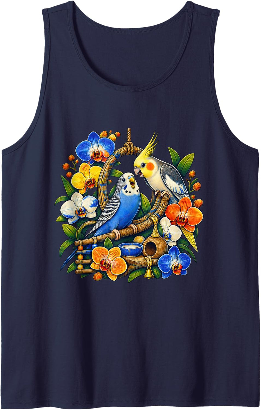 Budgerigar and Cockatiel on an Orchid Swing Sleeveless Tank Top - Navy Blue