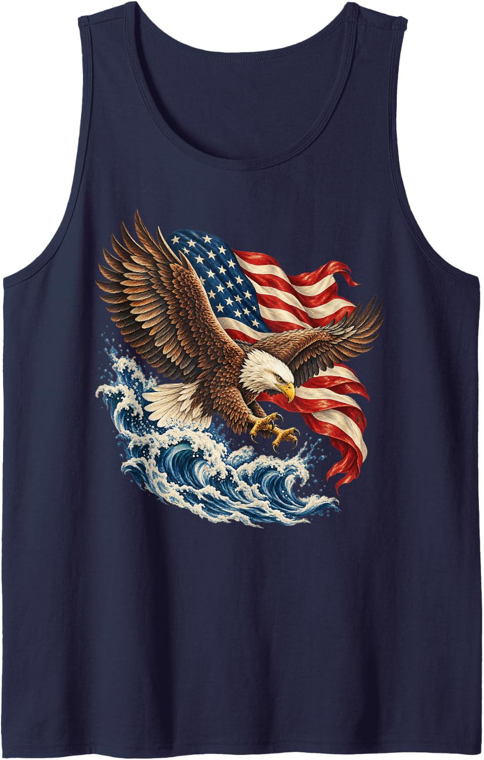 Bald Eagle in Flight with American Flag Waves Sleeveless Tank Top - Navy Blue