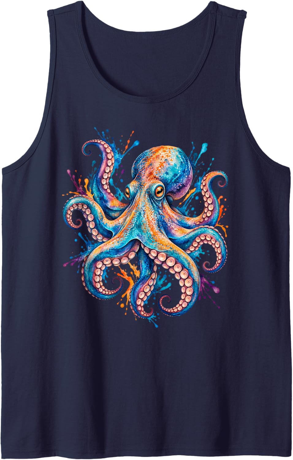 Color Splash Octopus Ocean Animal Paint Art Sleeveless Tank Top - Navy Blue