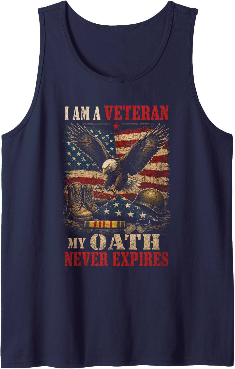 Proud Veteran My Oath Never Expires Bald Eagle Flag Sleeveless Tank Top - Navy Blue