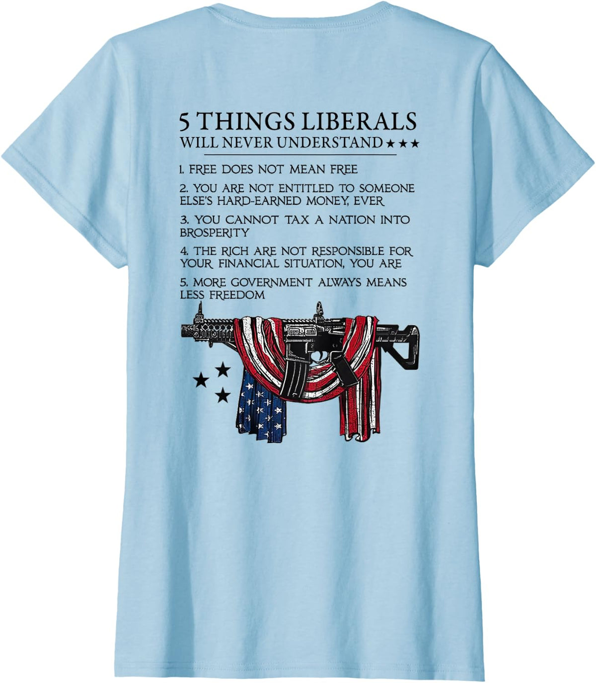 5 Thing Liberals Will Never Understand (ON BACK) T-Shirt - Baby Blue