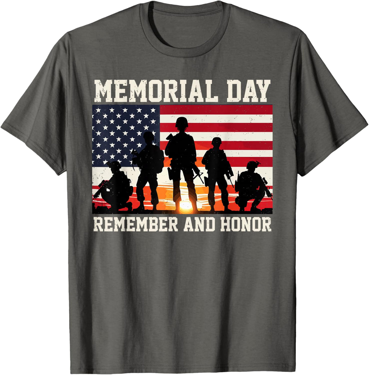 Remember And Honor Memorial Day Veteran Army American Flag T-Shirt - Asphalt Grey