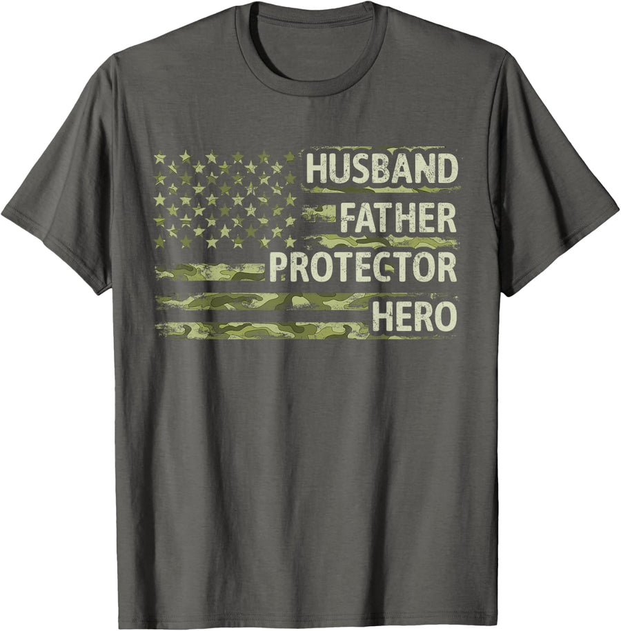 Mens Husband Father Protector Hero Camo American Flag Fathers Day T-Shirt - Asphalt Grey