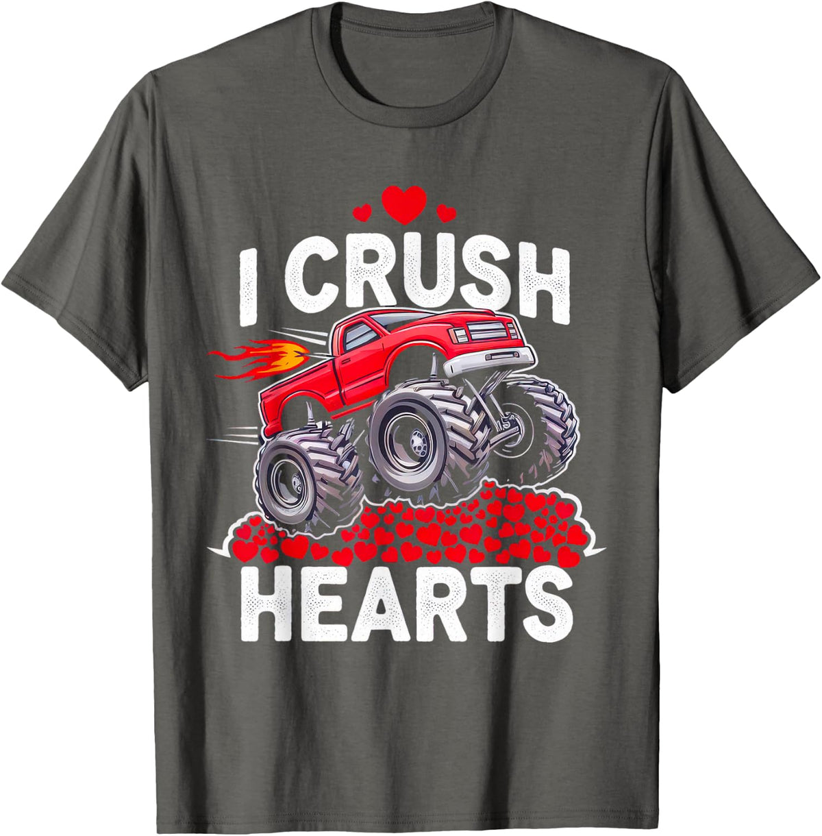 Valentines Day Monster Truck Boys Kids I Crush Hearts Truck T-Shirt - Asphalt Grey