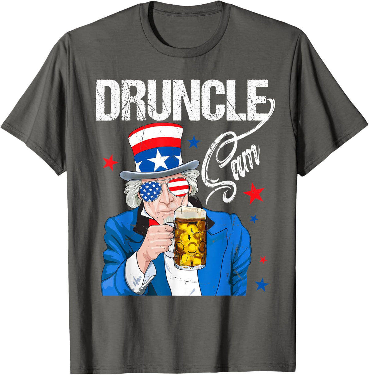 Funny Druncle Sam Uncle Sam Drinking Beer Indepedence Day T-Shirt - Asphalt Grey
