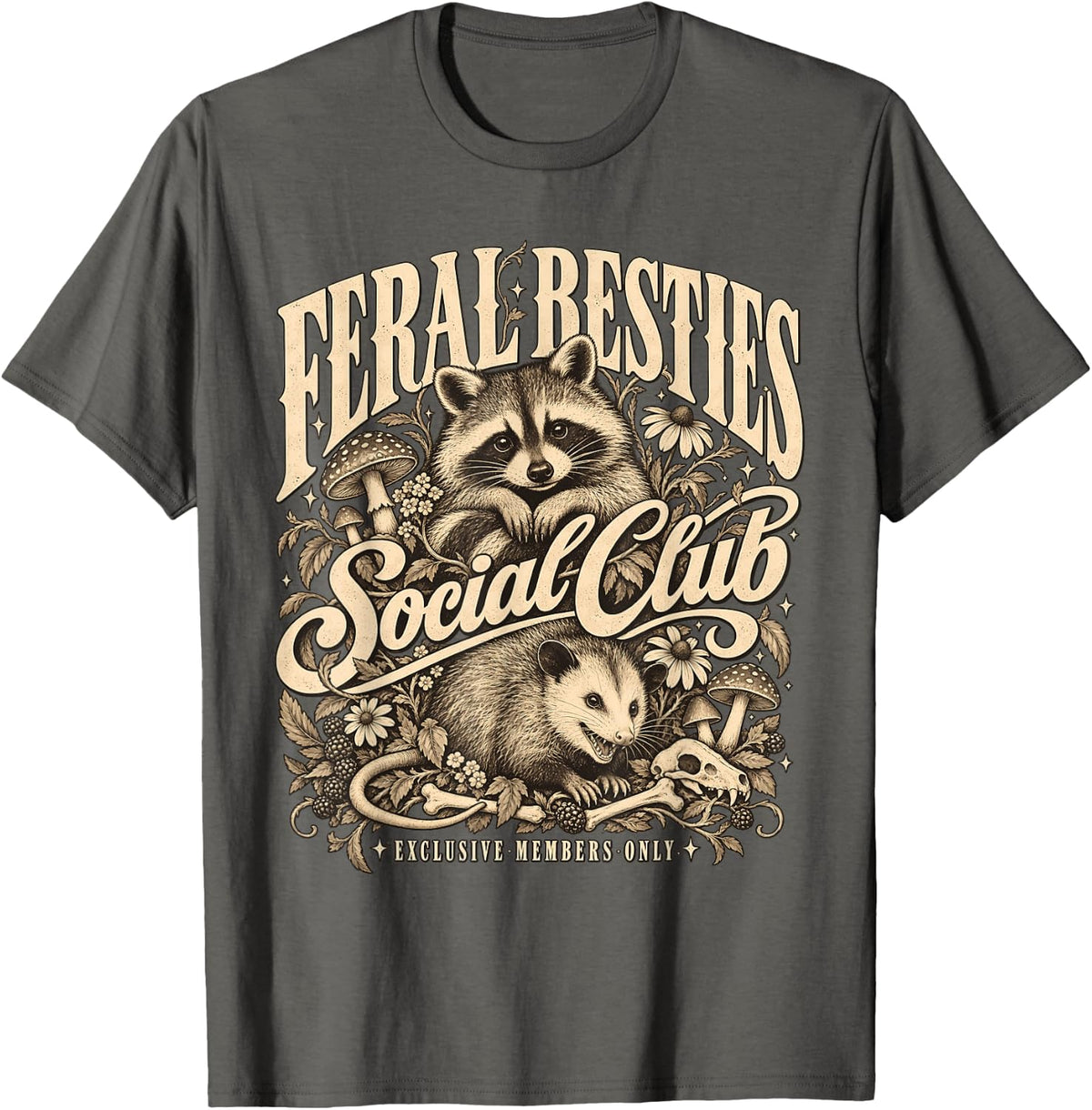 Feral Besties Social Club Raccoon Opossum T-Shirt - Asphalt Grey
