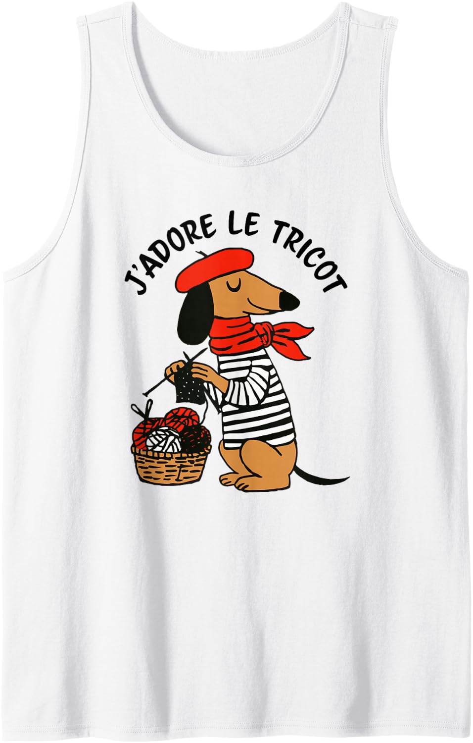 J'Adore Le Tricot I Love Knitting French Language Dachsund Sleeveless Tank Top - White