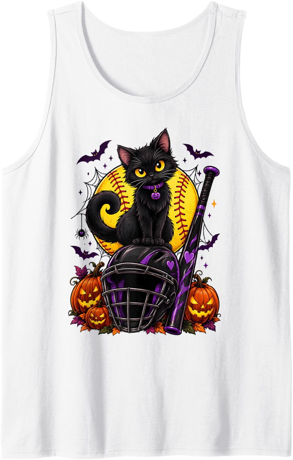 Kawaii Black Cat Softball Cat Halloween Costume Women Girls Sleeveless Tank Top - White