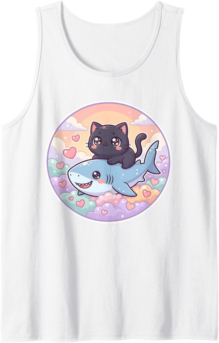 Cute Kawaii Shark Cat Funny Youth Life Dad Mom Graphic Meme Tank Top - White