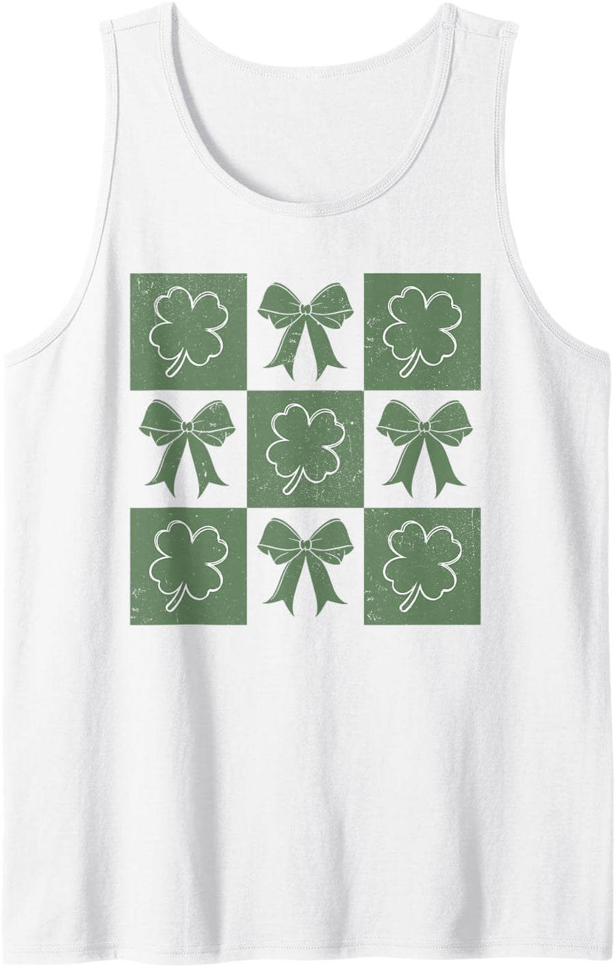 Retro Checkered St.Patrick's Day Lucky Shamrock Coquette Bow Sleeveless Tank Top - White