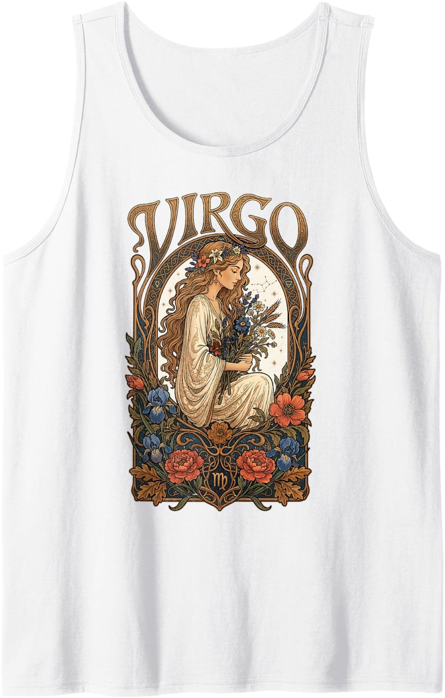 Vintage Virgo Zodiac Astrology Celestial Goddess Art Sleeveless Tank Top - White