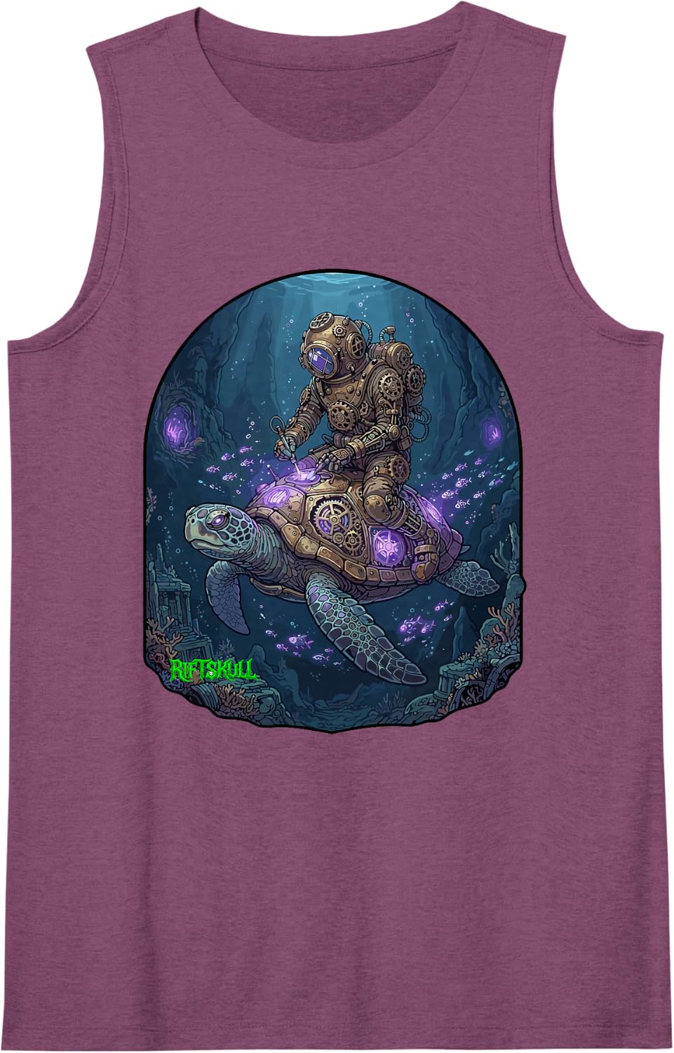 Steampunk Diver on Cybernetic Turtle Gothic Dark Fantasy Sleeveless Tank Top - Purple