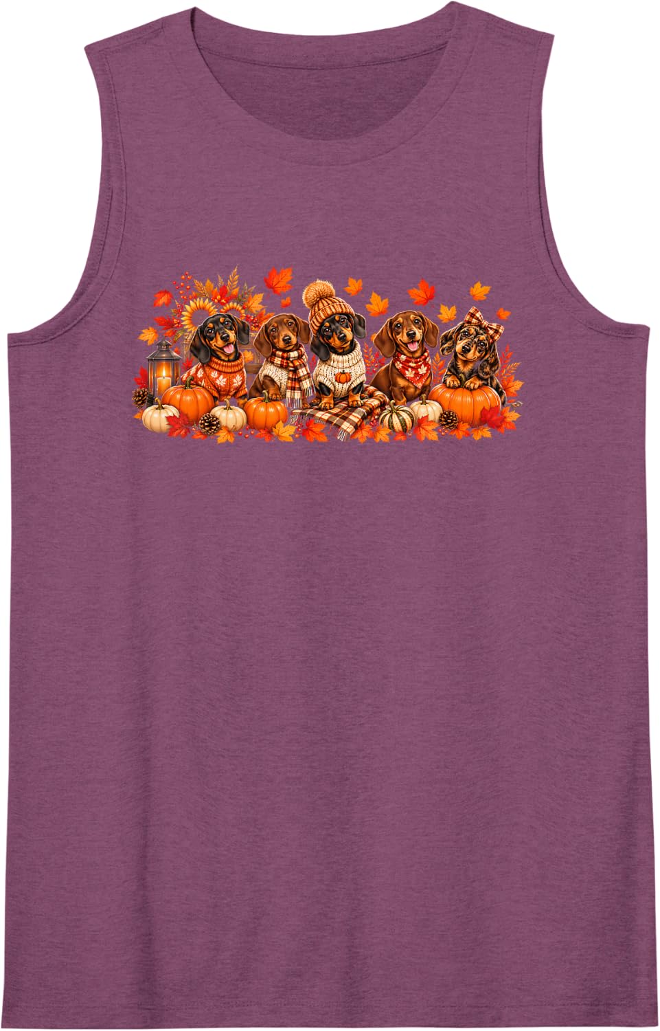 Wiener Dog Dachshund Fall Pumpkin Spice Leaves Thanksgiving Sleeveless Tank Top - Purple