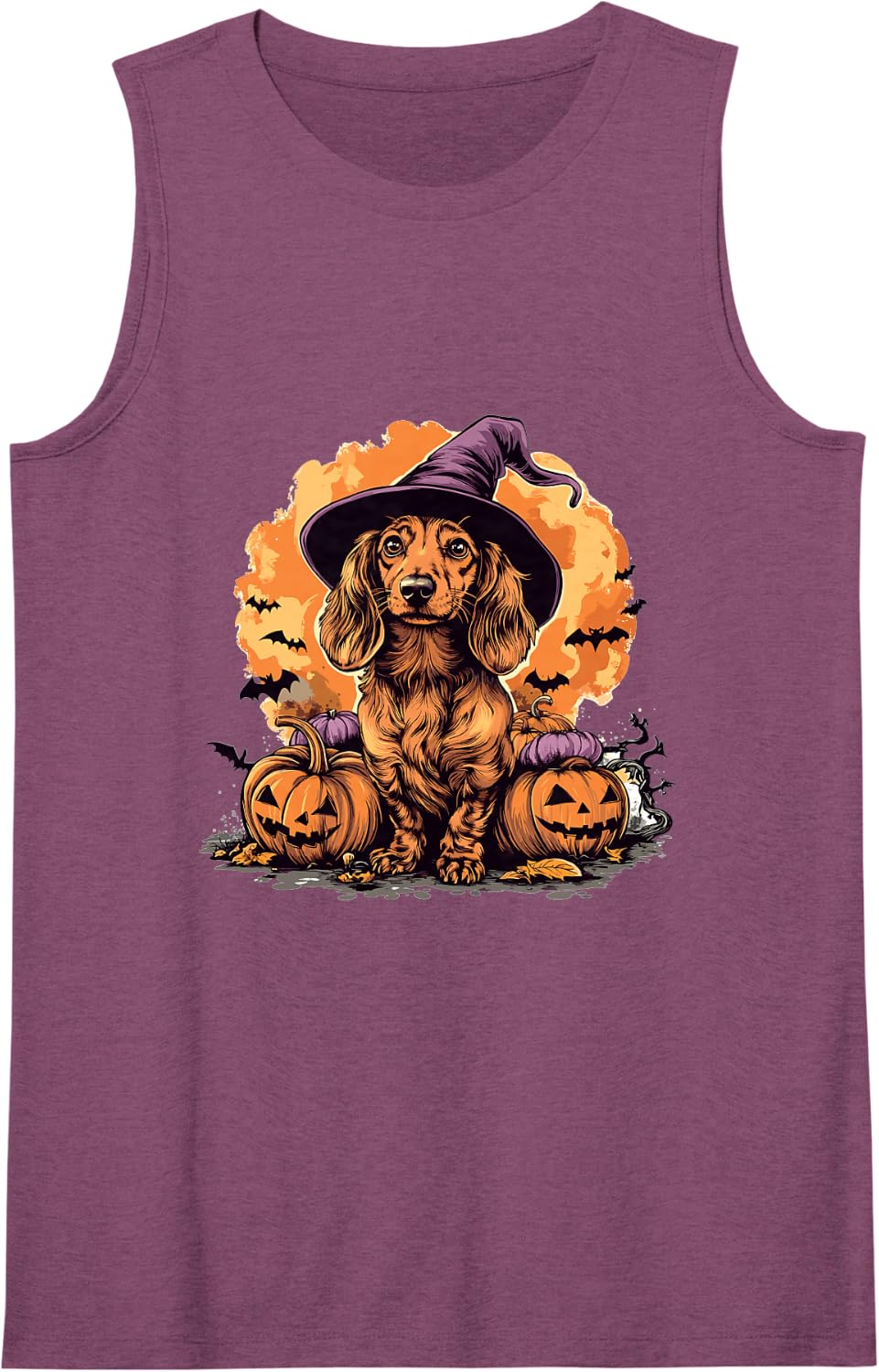Dachshund Doxie Wiener Dog Whitch Hat Halloween Pumpkin Sleeveless Tank Top - Purple