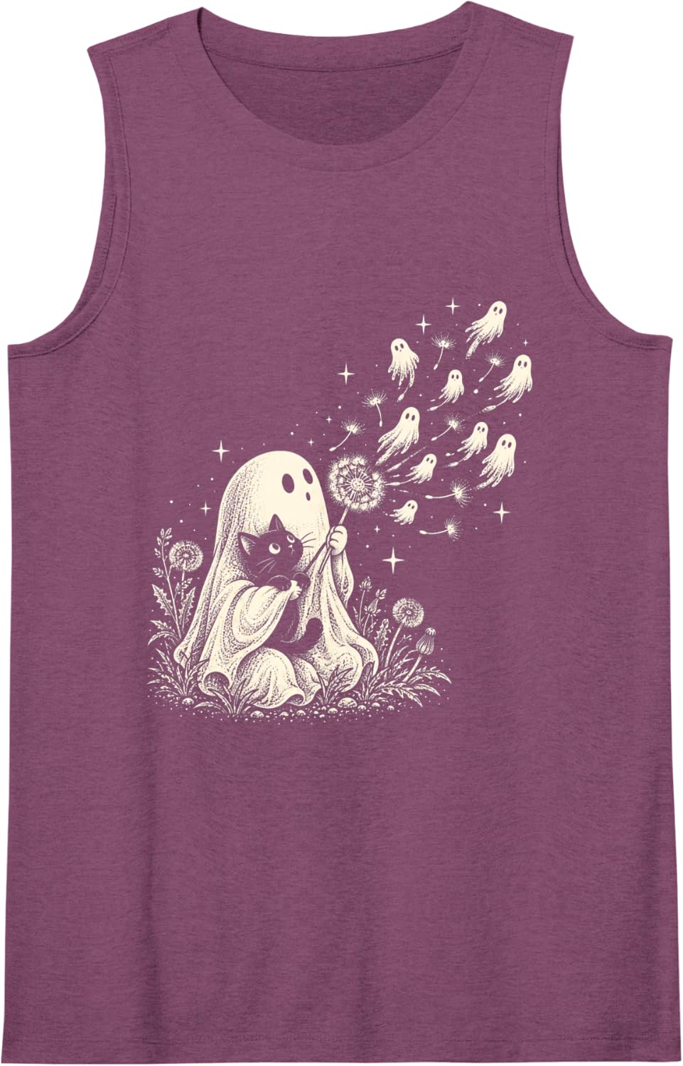 Cute Ghost Black Cat Dandelion Wish Spooky Halloween Sleeveless Tank Top - Purple