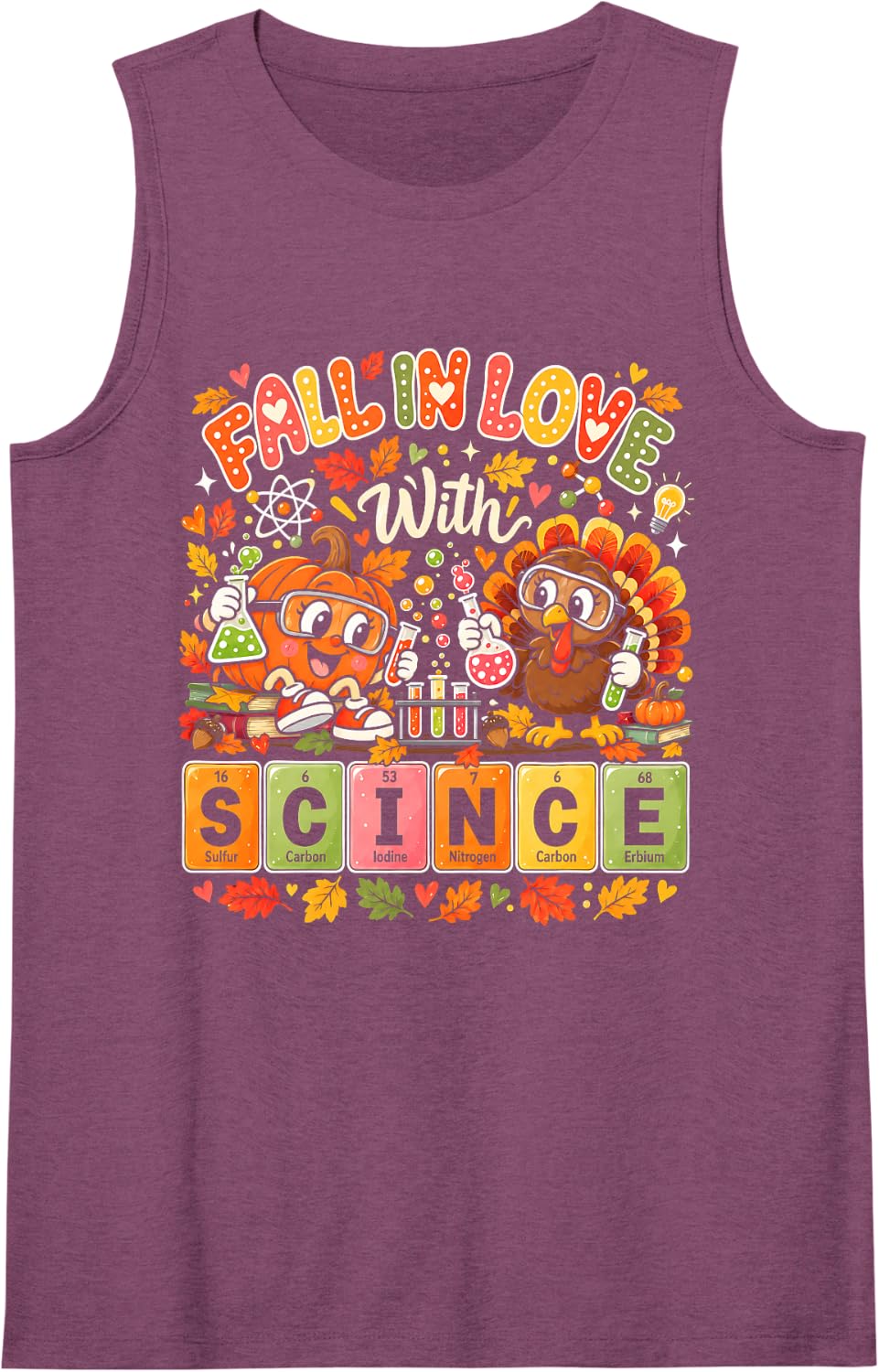 Fall in Love with Science Thanksgiving Turkey STEM Teacher Sleeveless Tank Top - Purple