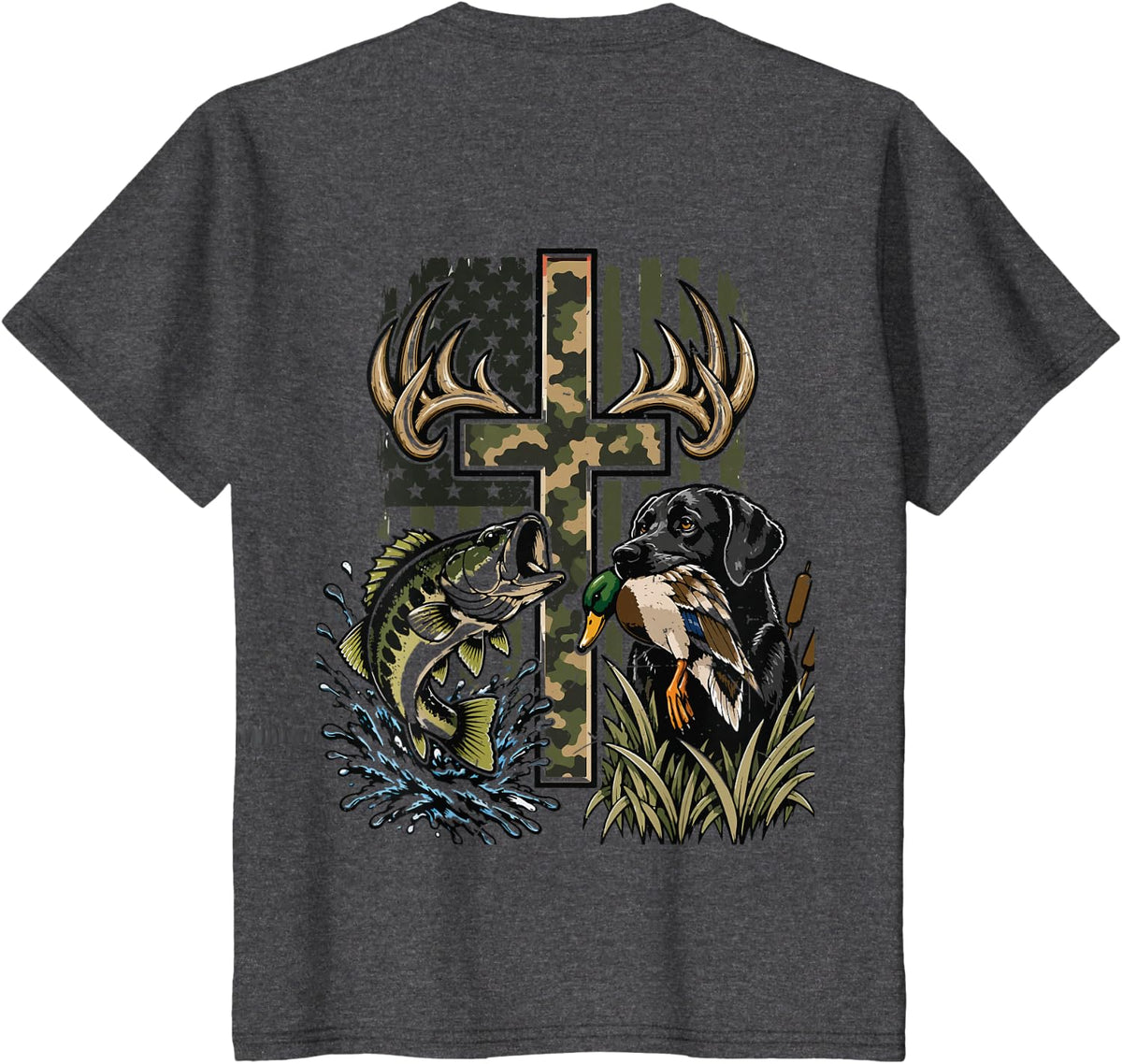 Youth Camo Duck Hunting Cross Black Lab Dog Bass Fish Faith T-Shirt - Dark Heather Grey