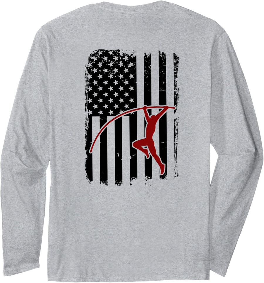 Patriotic USA Flag Pole Vault Long Sleeve Tshirt Long Sleeve T-Shirt - Adult Unisex Heather Grey