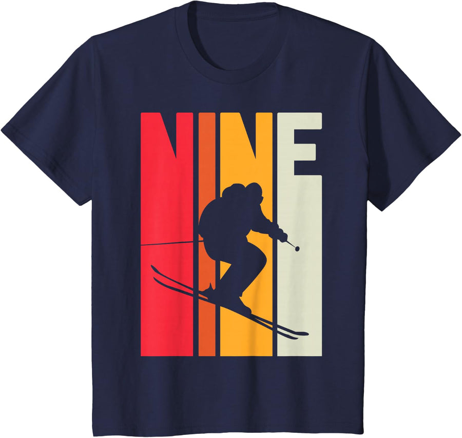 9th Birthday Boy Retro Ski Lover Skier 9 Years Old T-Shirt - Navy Blue
