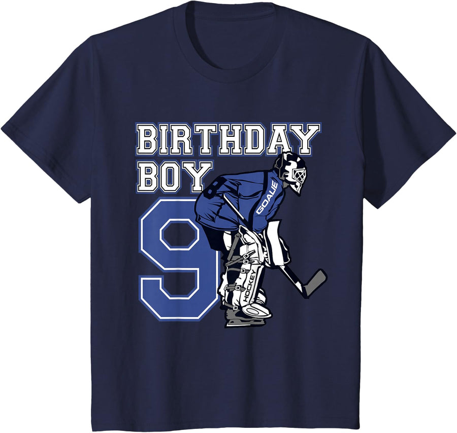 9 Year Old Ice Hockey Goalie Themed Birthday 9th Boy Gift T-Shirt - Navy Blue