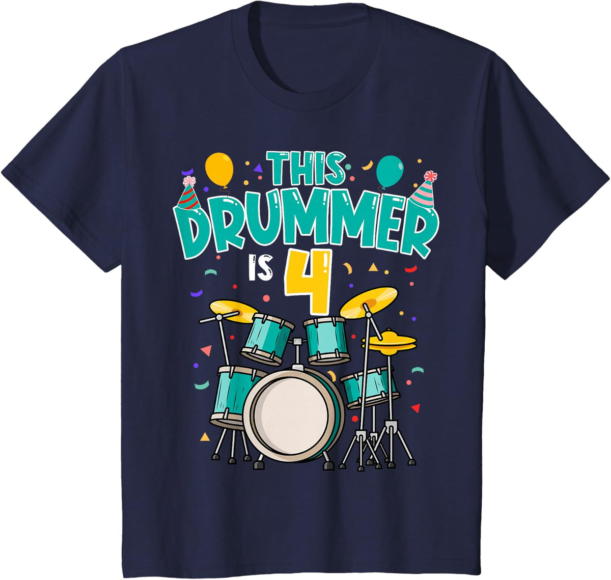 4 Years Old Drummer 4th Birthday Drum Set Drumming T-Shirt - Navy Blue