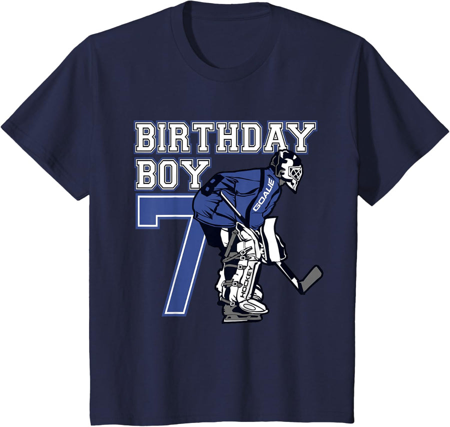 7 Year Old Ice Hockey Goalie Themed Birthday 7th Boy Gift T-Shirt - Navy Blue