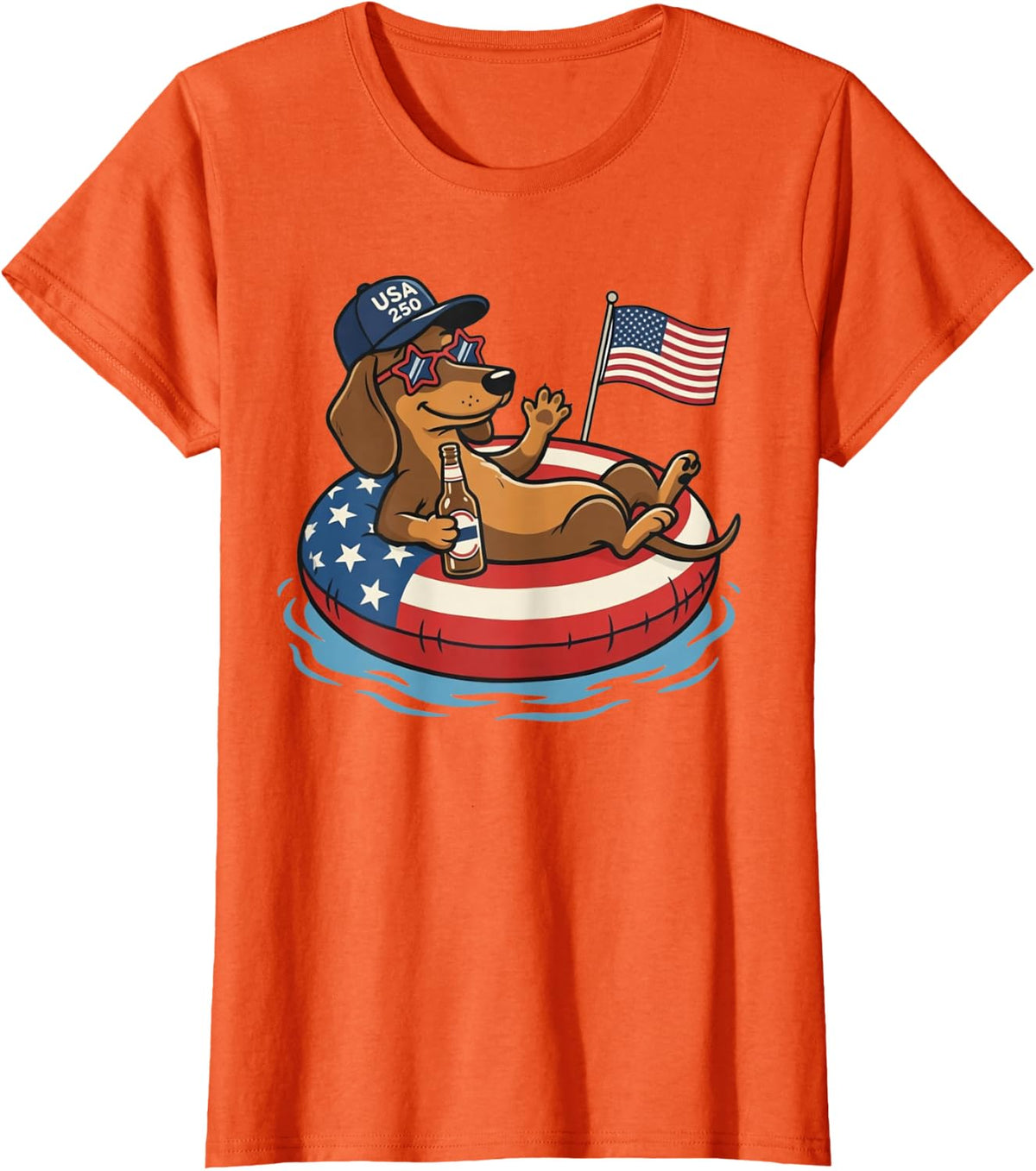 Merica Dachshund 4th of July American Flag Weiner Dog Tee T-Shirt - Orange