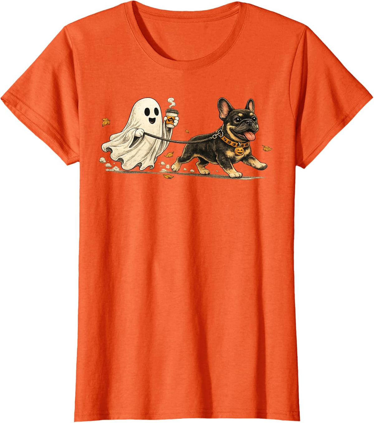 Ghost Walking French Bulldog Spooky Season Halloween T-Shirt - Orange