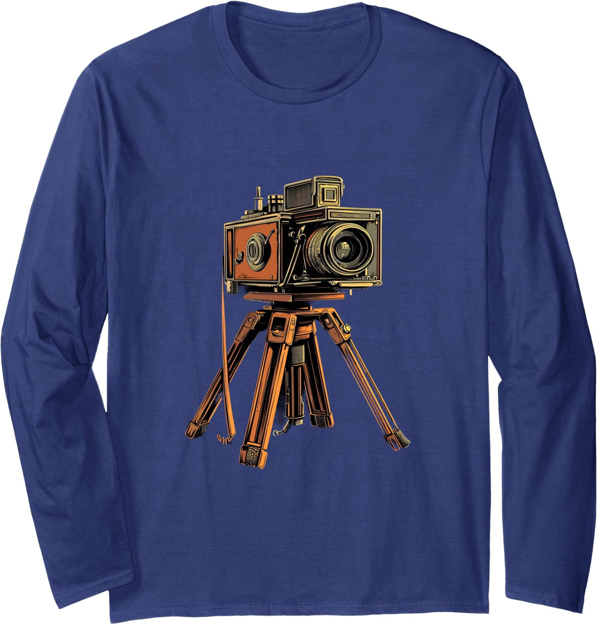 Photography Camera on Tripod Photographer Vintage Long Sleeve T-Shirt - Adult Unisex Navy Blue