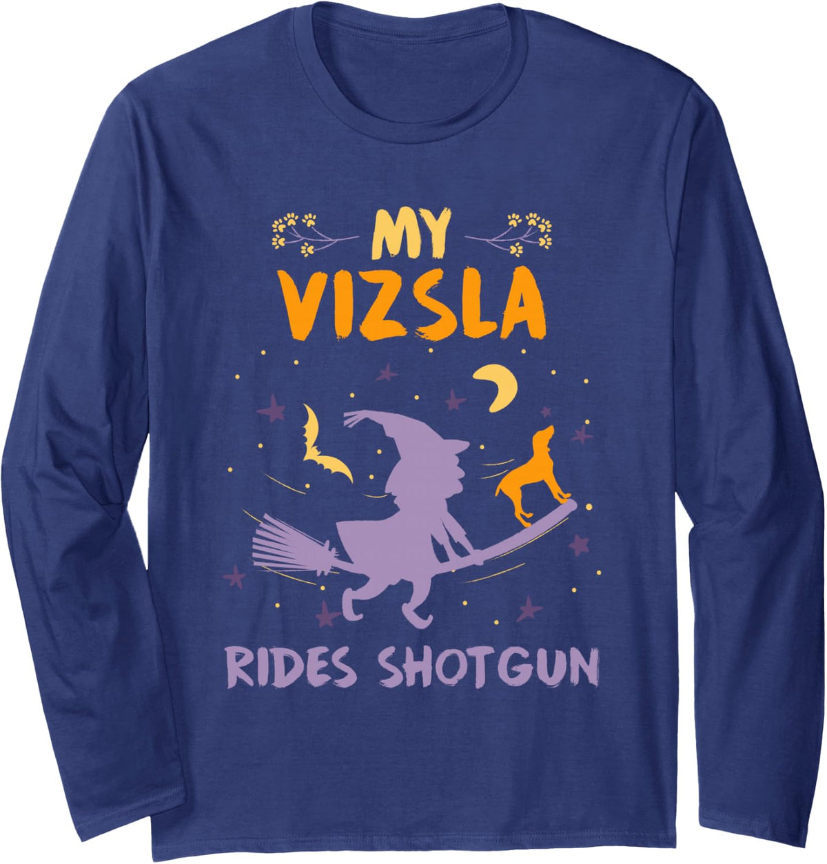 My Vizsla Rides Shotgun Halloween Dog Mom Dad Long Sleeve T-Shirt - Adult Unisex Navy Blue