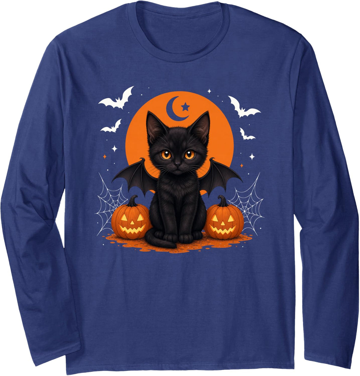 Spooky Season Black Cat Cute Halloween Jack O Lantern Kids Long Sleeve T-Shirt - Adult Unisex Navy Blue