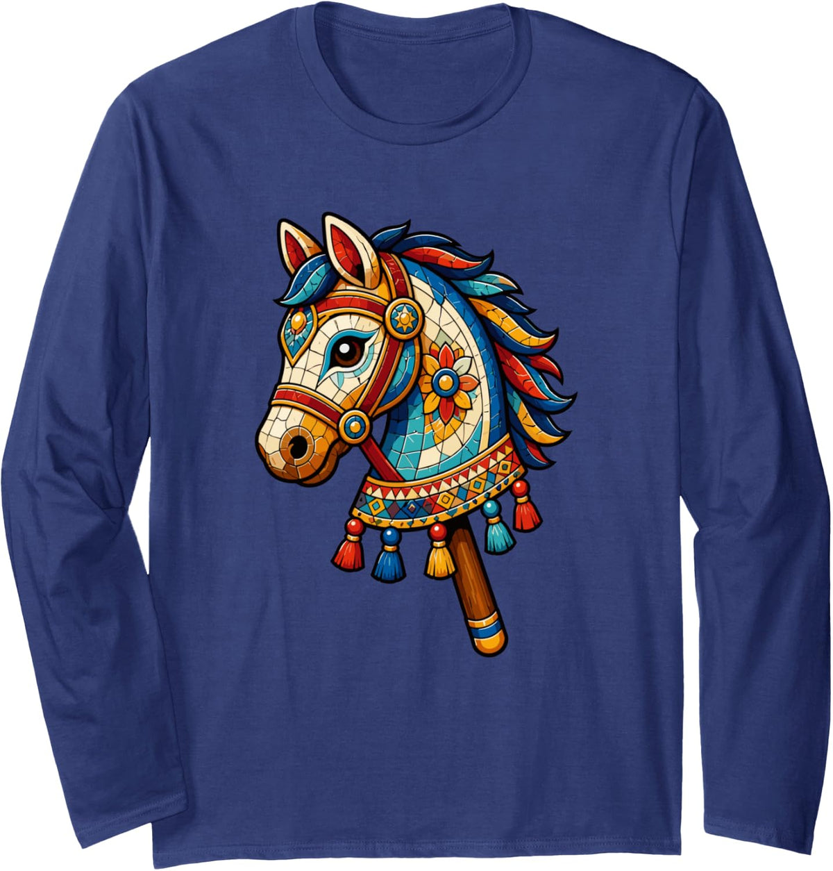 Decorated Horse Head Hobby Horse Equestrian Long Sleeve T-Shirt - Adult Unisex Navy Blue