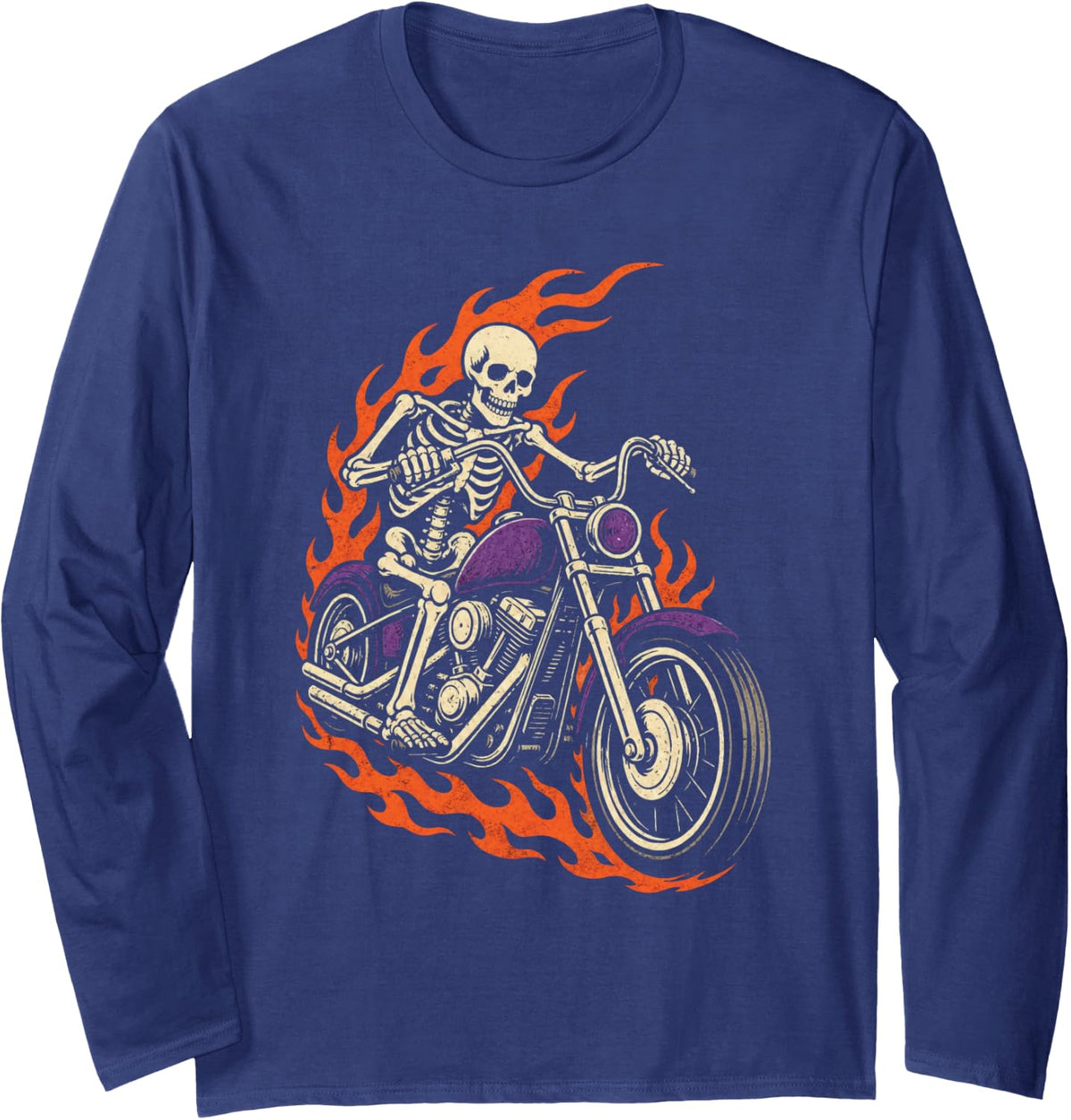 Halloween Biker Skeleton Motorcycle Chopper Flames Vintage Long Sleeve T-Shirt - Adult Unisex Navy Blue