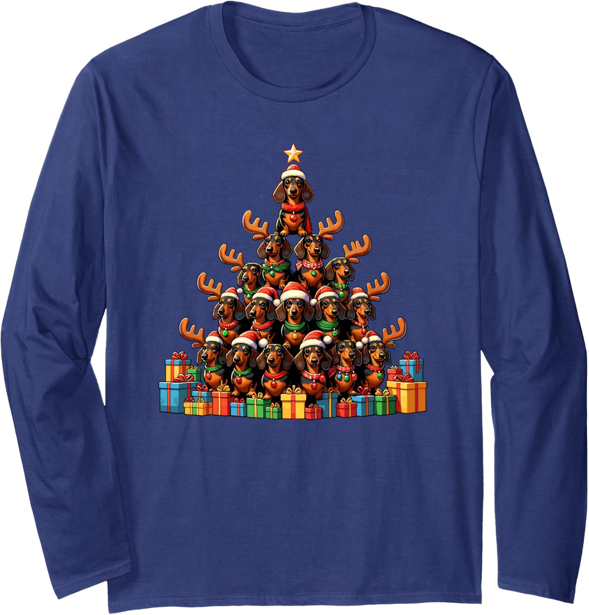 Christmas Tree Dachshund Dog Dachshunds Doxie Long Sleeve T-Shirt - Adult Unisex Navy Blue