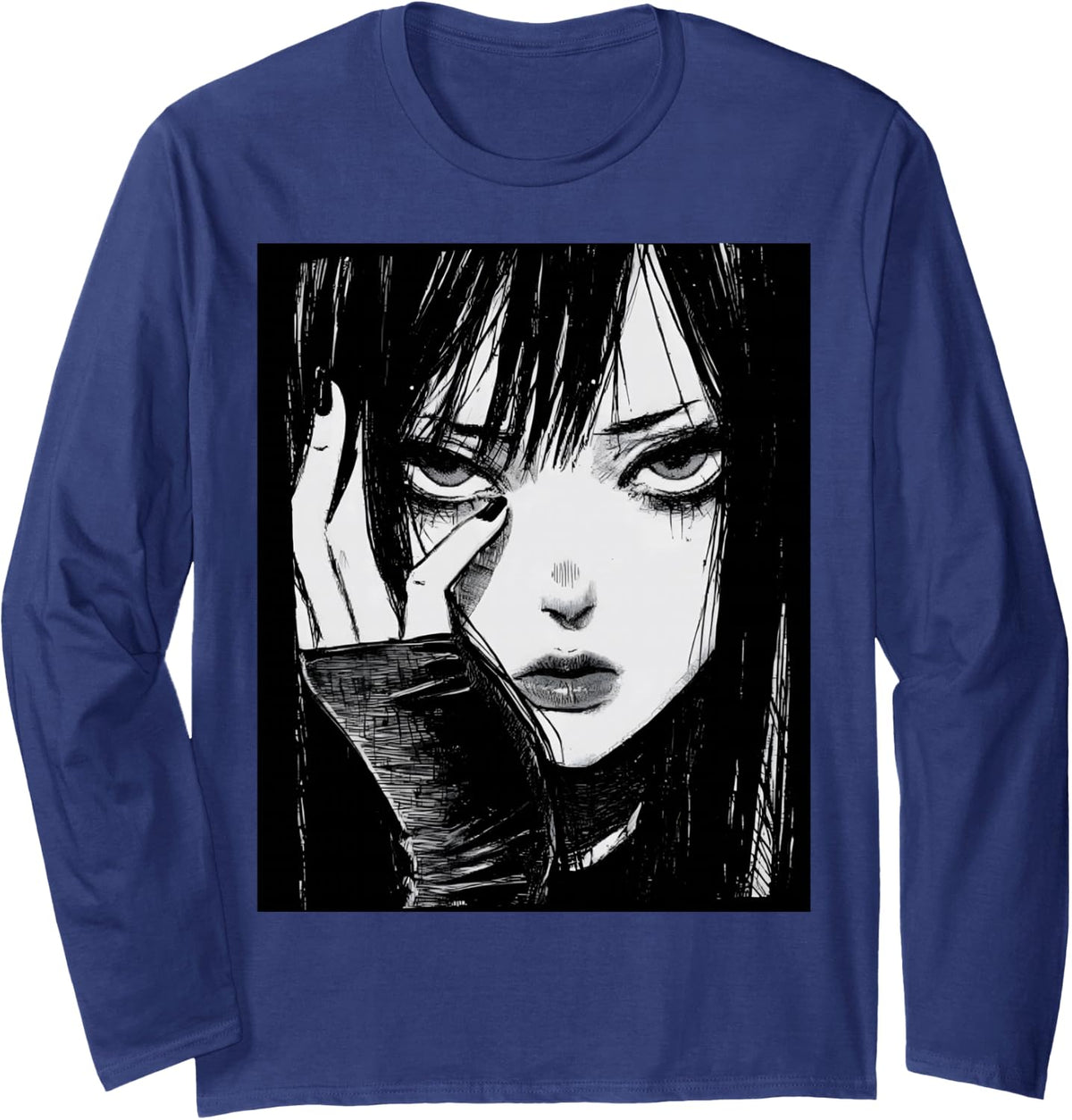Gothic Anime Manga Japan Kawaii Goth Girl Alt Aesthetic Long Sleeve T-Shirt - Adult Unisex Navy Blue
