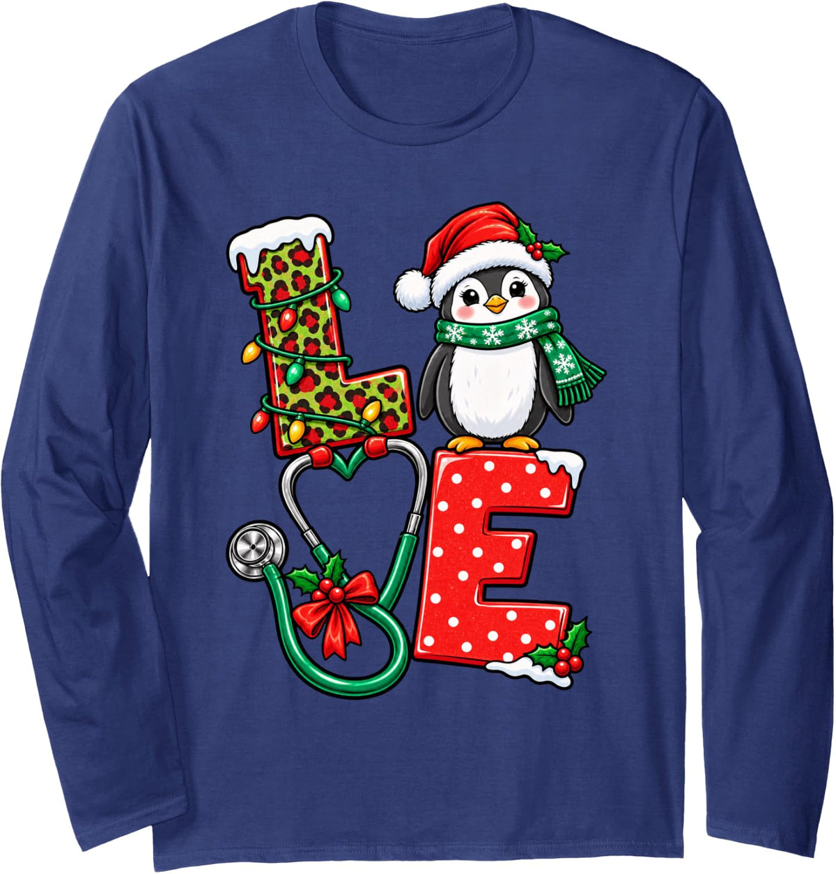Nurse Penguin Christmas Love Stethoscope Long Sleeve T-Shirt - Adult Unisex Navy Blue