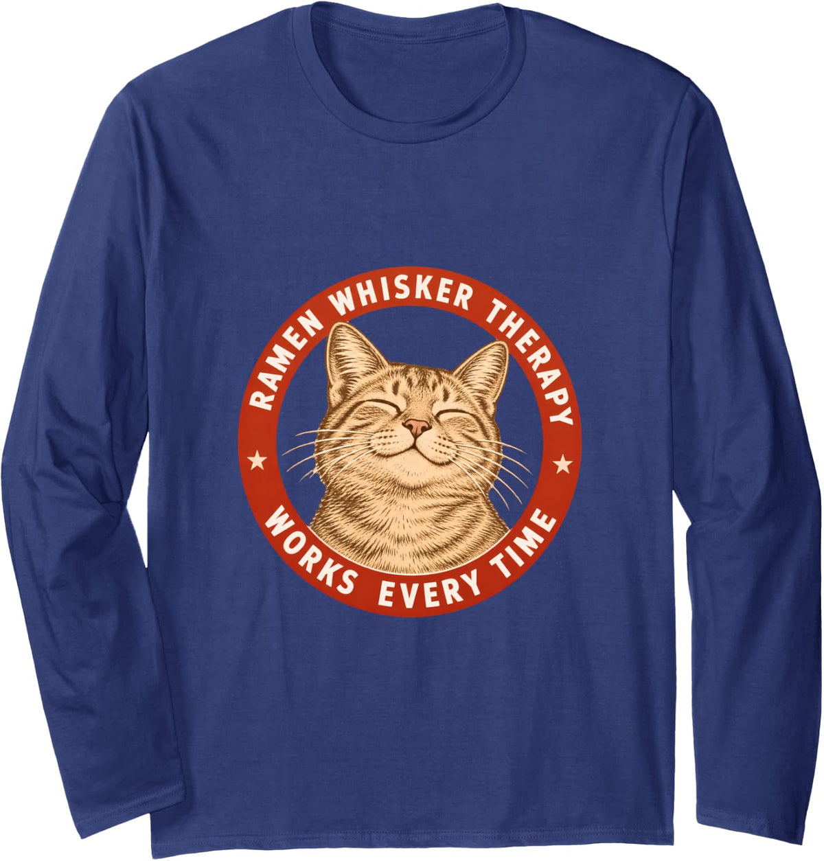 Ramen Whisker Therapy Works Every Time Zen Cat Long Sleeve T-Shirt - Adult Unisex Navy Blue