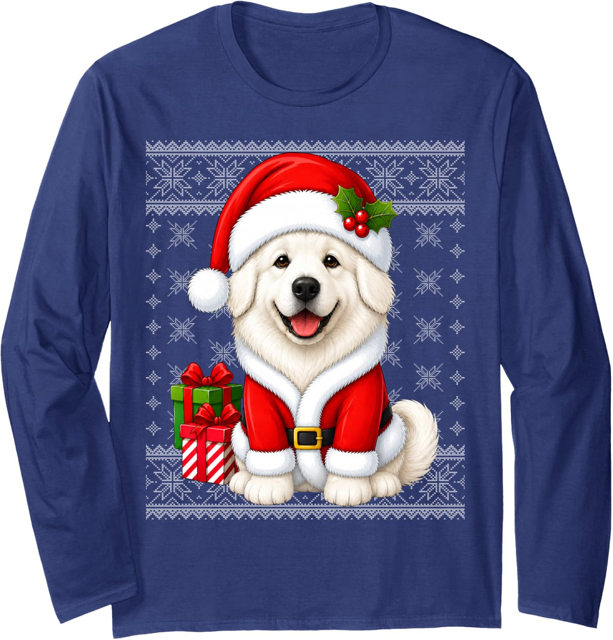 Great Pyrenees Dog in Christmas Santa Costume Ugly Xmas Long Sleeve T-Shirt - Adult Unisex Navy Blue