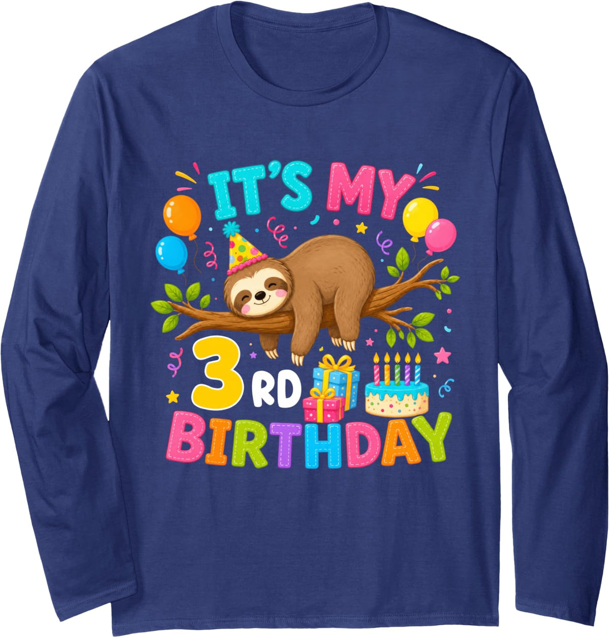 3rd Birthday Animals Theme Party 3 Year Old Sloth Lover Long Sleeve T-Shirt - Adult Unisex Navy Blue