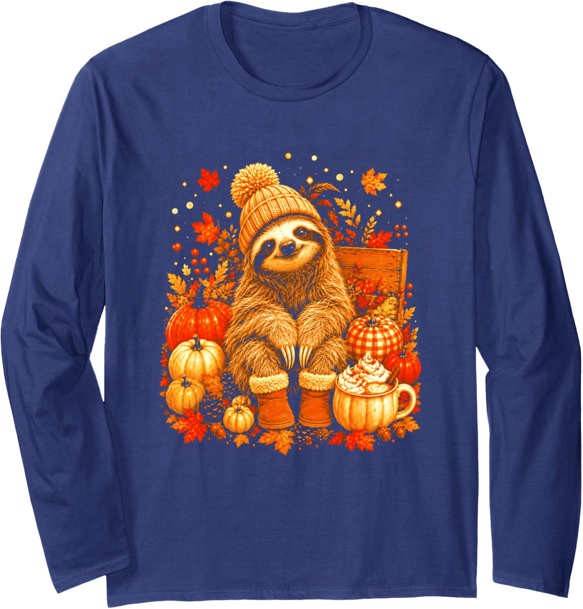 Sloth Thanksgiving Pumpkin Spice Cozy Fall Autumn Long Sleeve T-Shirt - Adult Unisex Navy Blue